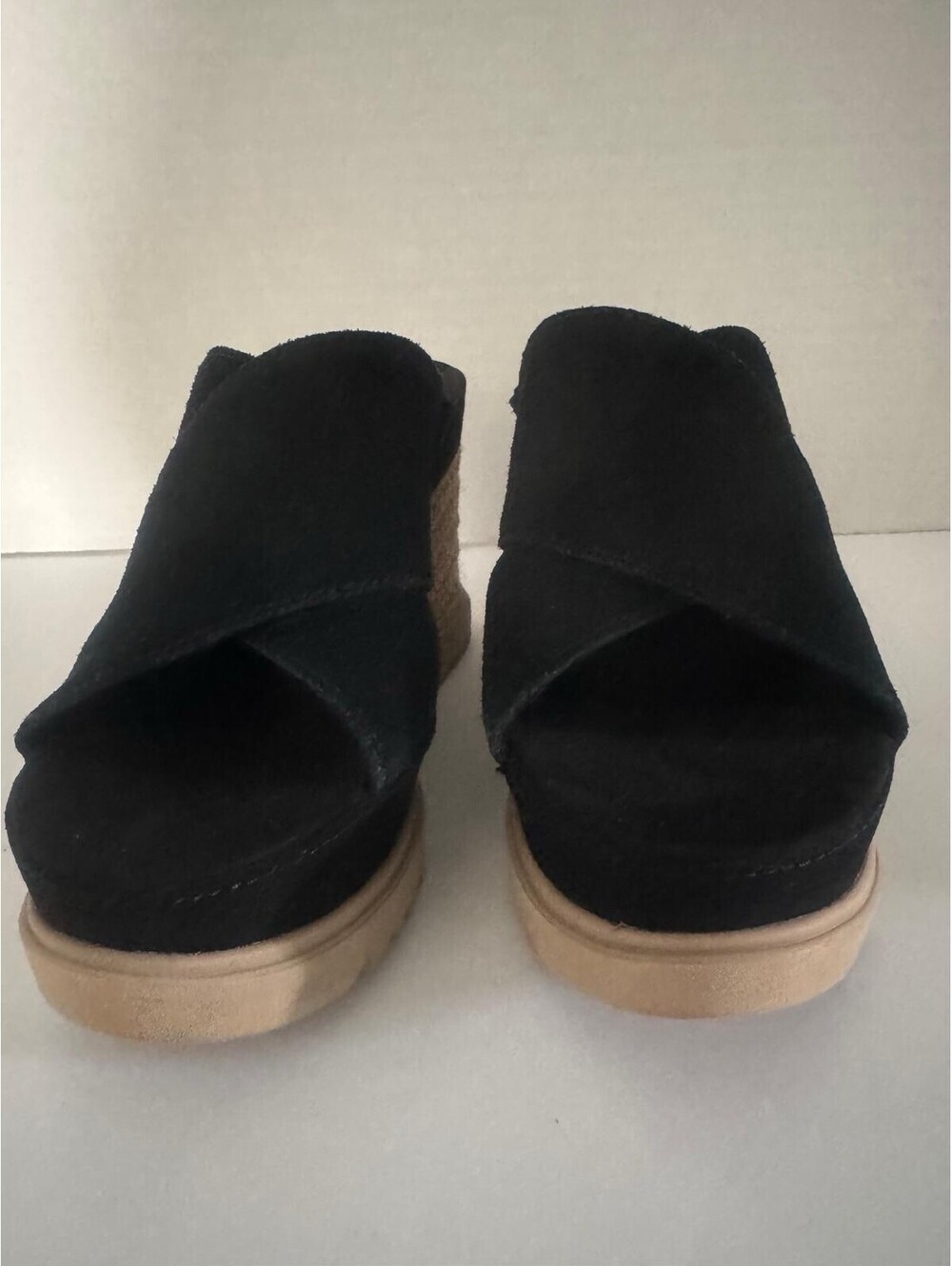 UGG Women’s Abbot Slide Platform Sandal – Black Suede Crisscross Wedge